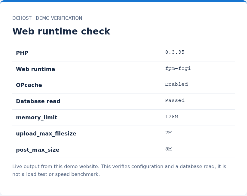 Gerçek web çıktısı: PHP 8.3.35, fpm-fcgi, OPcache Enabled ve Database read Passed.