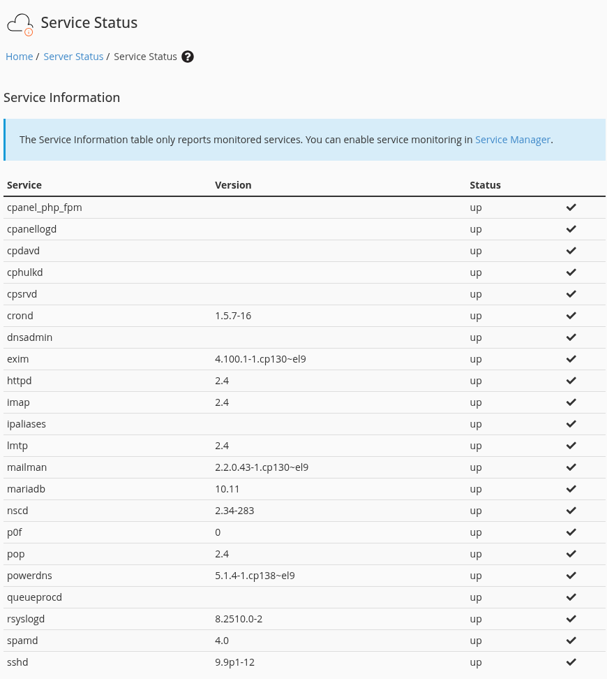 Gerçek WHM Service Status ekranında httpd ve mariadb dahil izlenen servisler up.