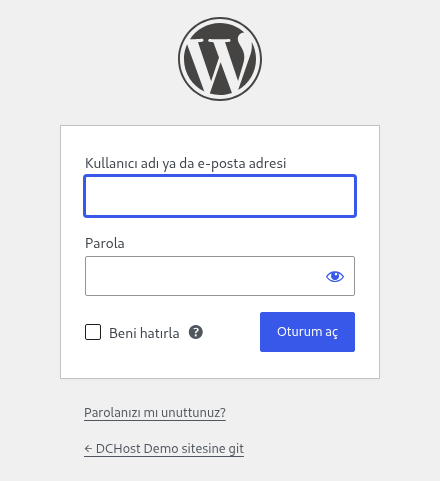 Gerçek ve boş Türkçe WordPress giriş formunda kullanıcı adı veya e-posta, Parola, Oturum aç ve parola sıfırlama bağlantısı.
