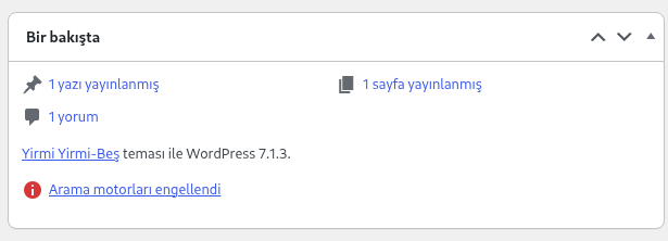 Gerçek WordPress Bir bakışta kutusunda 1 yazı, 1 sayfa ve 1 yorum; mevcut WordPress 7.1.3 sürümü ve demo kurulumunun Arama motorları engellendi durumu.
