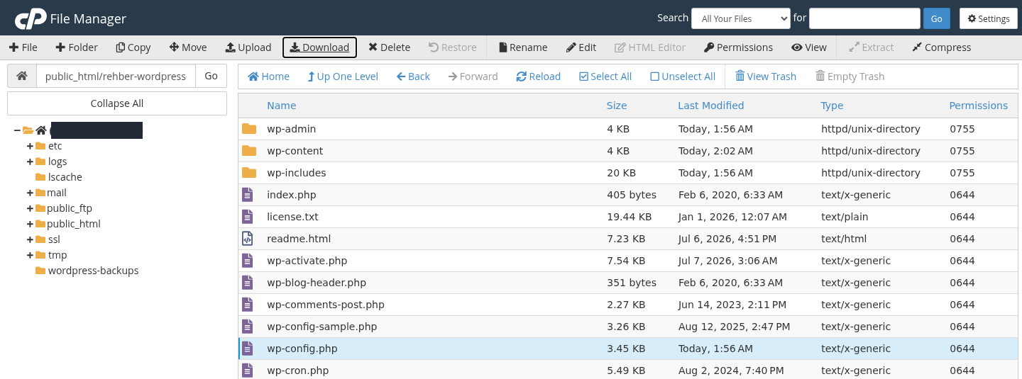 Gerçek cPanel File Manager ekranında wp-config.php satırı seçili ve Download düğmesi görünür; hosting hesap adı opak olarak gizlenmiş.