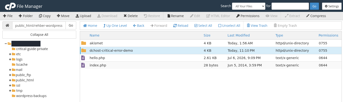 Gerçek cPanel File Manager eklenti listesinde dchost-critical-error-demo klasörü seçili; Akismet ve diğer dosyalar da listede, hesap adı gizlenmiş.