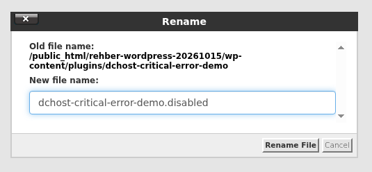 Gerçek cPanel Rename penceresinde New file name alanına dchost-critical-error-demo.disabled yazılmış ve Rename File düğmesi görünür.