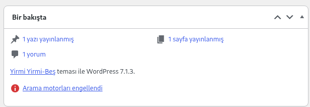 Actual WordPress At a Glance widget showing one published post and one published page, along with the demo’s Search engines discouraged status.