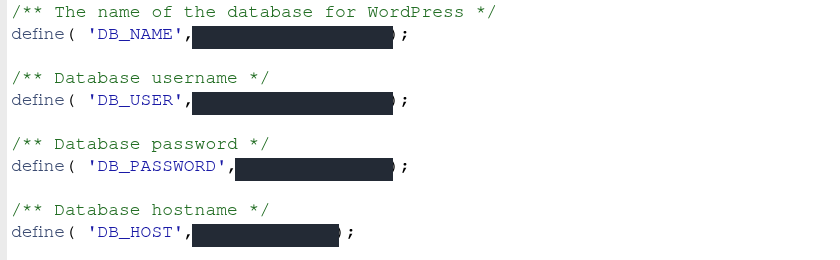 Actual cPanel editor showing DB_NAME, DB_USER, DB_PASSWORD and DB_HOST definitions, with all four values covered by opaque masks.