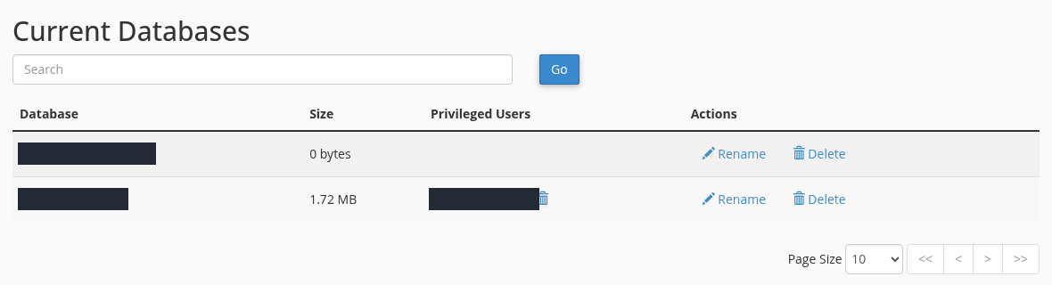cPanel Current Databases table showing two databases and a Privileged Users link in the second row. Database and user names are masked.