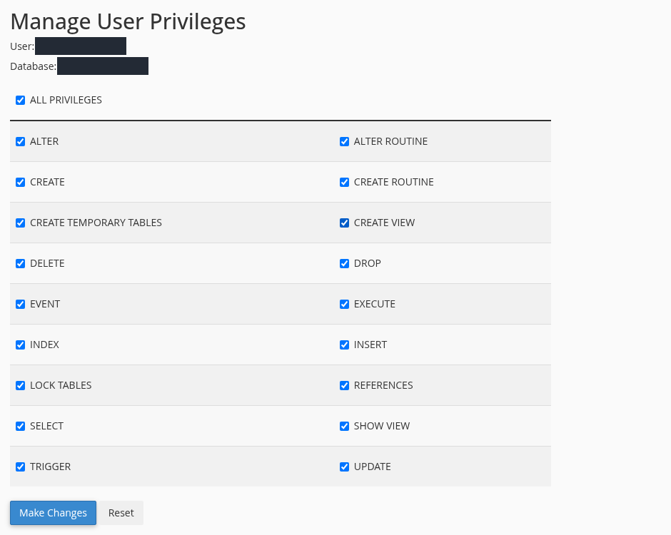 cPanel Manage User Privileges with the username and database name masked; ALL PRIVILEGES and every listed privilege checkbox are checked.