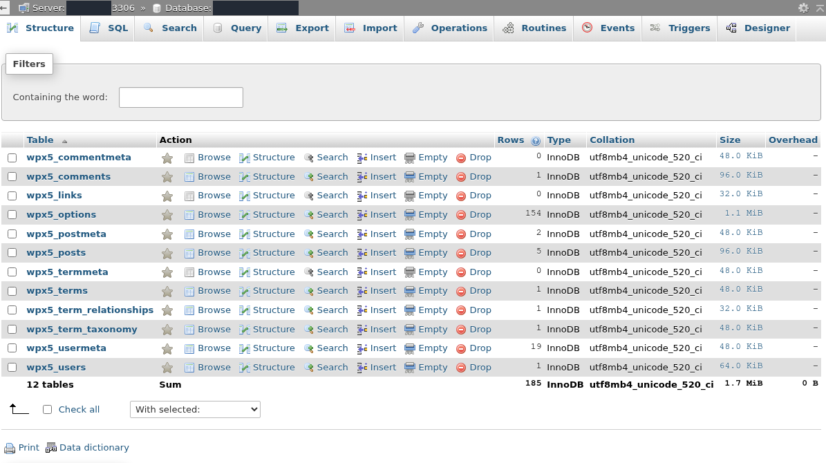 Actual phpMyAdmin Structure screen showing WordPress tables and a 12 tables summary; server and database names are masked.