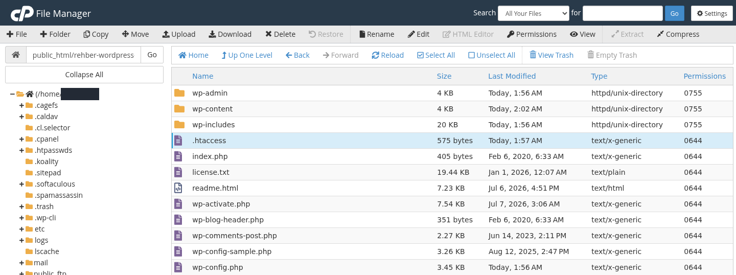 cPanel File Manager with .htaccess selected beside the WordPress folders and Download in the toolbar; the account name is masked.