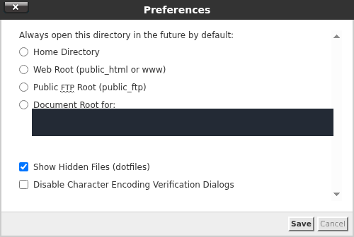 cPanel Preferences with Show Hidden Files (dotfiles) selected and the Save button visible; an account-specific field is masked.