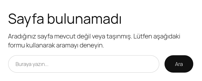 WordPress theme displaying Page not found, explanatory text, an empty search field and the Ara search button.