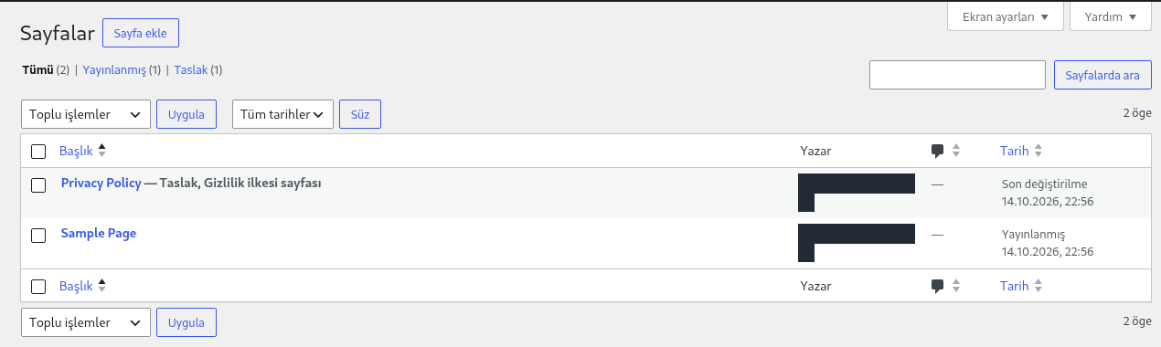 WordPress Pages list showing Sample Page as Published and Privacy Policy as a draft, with author account details masked.