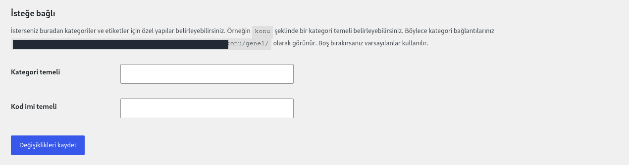 Bottom of WordPress Permalink Settings with empty category and tag base fields and Save Changes; the example domain is masked.