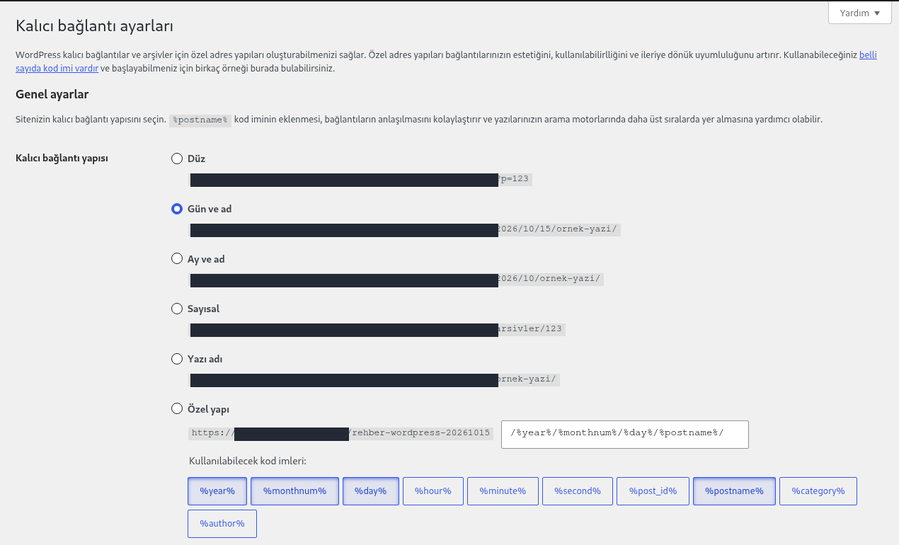 WordPress Permalink Settings with Day and name selected and the Custom Structure field displaying the current year, month, day and post-name pattern; the example domain is masked.