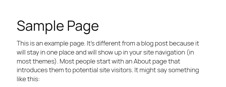 Browser showing the Sample Page heading and the English opening paragraph of the WordPress sample page.