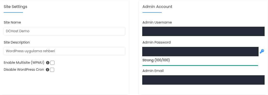 Gerçek Site Settings ve Admin Account formu; site adı/açıklaması, gizlenmiş yönetici bilgileri ve değişmeden korunan Strong (100/100) güç göstergesi.
