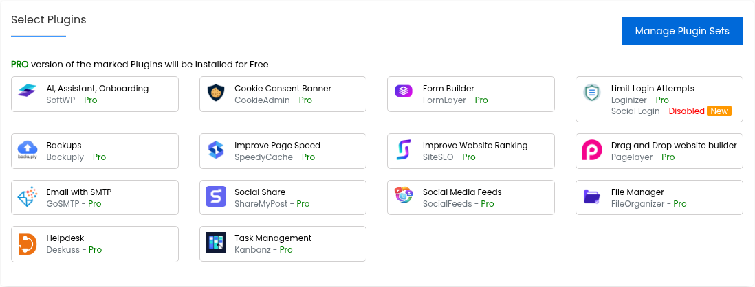 Gerçek Softaculous Select Plugins bölümü; kurulum için ek paket eklentileri seçilmemiştir.
