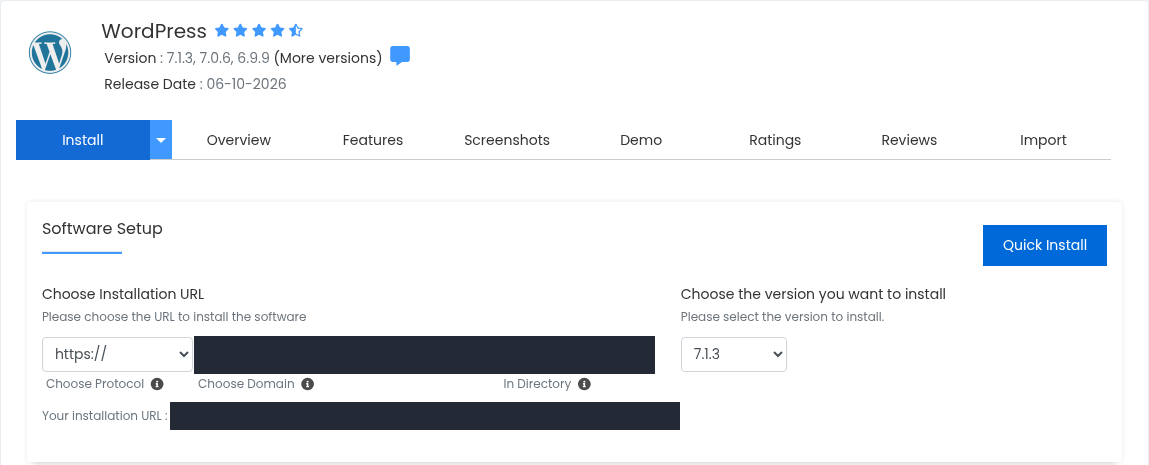 Gerçek Softaculous WordPress Install formunda HTTPS protokolü, gizlenmiş alan adı ve klasör, sürüm listesi ve gizlenmiş sonuç adresi.