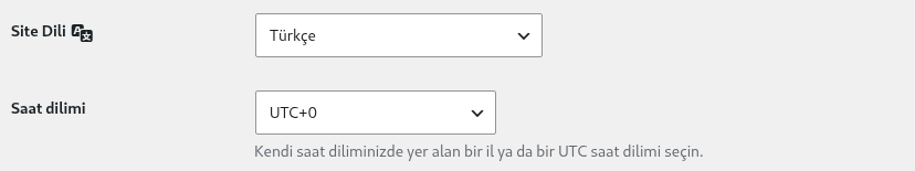 Gerçek Genel ayarlar bölümünde Site Dili Türkçe ve Saat dilimi UTC+0; mevcut değerler değiştirilmeden gösterilir.
